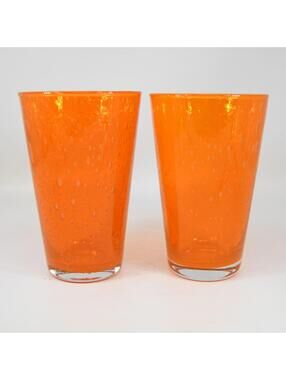 Pottery Barn Monterey Art Glass Orange 5.5" Highball Tumblers (2) Cased Bubbles